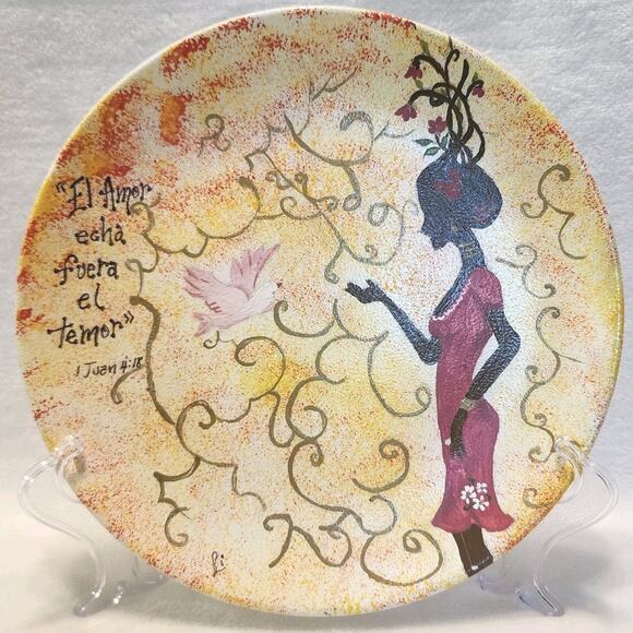 Hand Painted by Li Plate Porcelain Dove Woman Of Color Spanish Bible Verse - Picture 1 of 6